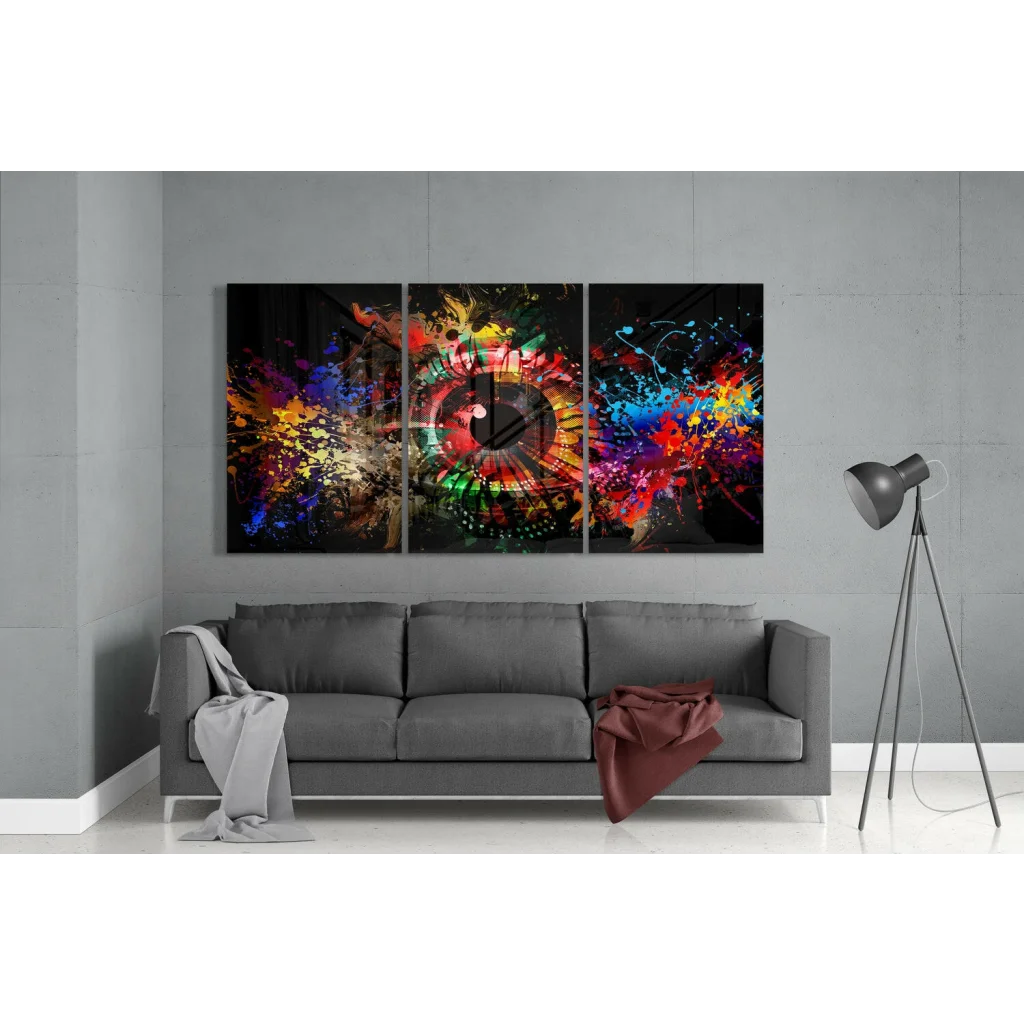 Vibrant abstract eye wall art 3-panel canvas set with colorful paint splashes