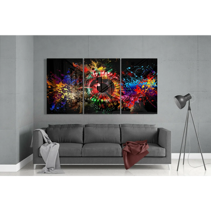 Vibrant abstract eye wall art 3-panel canvas set with colorful paint splashes