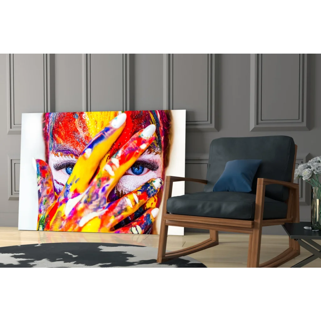 Vibrant abstract face wall art with colorful handprints and textured hues