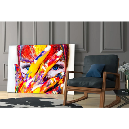 Vibrant abstract face wall art with colorful handprints and textured hues