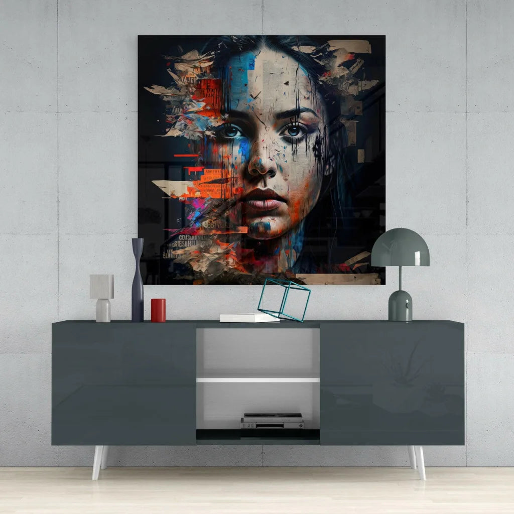Modern gray sideboard with sleek white legs under vibrant abstract face wall art