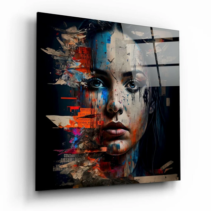 Vibrant abstract face wall art canvas with fragmented portrait and urban textures