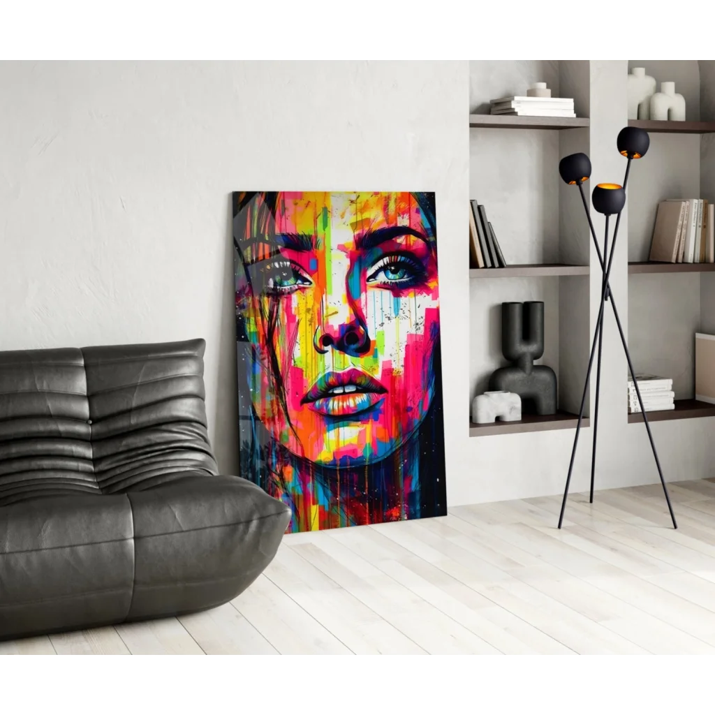 Vibrant abstract face wall art with colorful hues and textured brushstrokes
