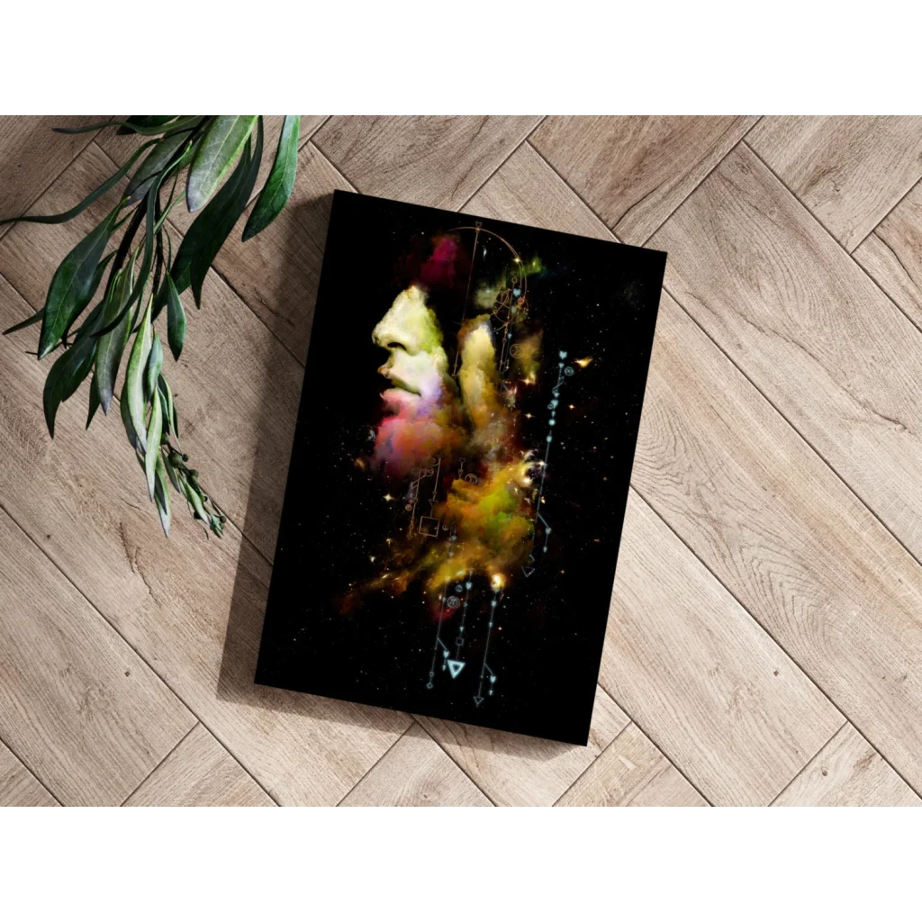 Vibrant abstract face portrait on black canvas with colorful splashes