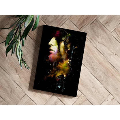 Vibrant abstract face portrait on black canvas with colorful splashes