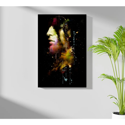 Vibrant black and green abstract face portrait with splatter design on aluminum wall art