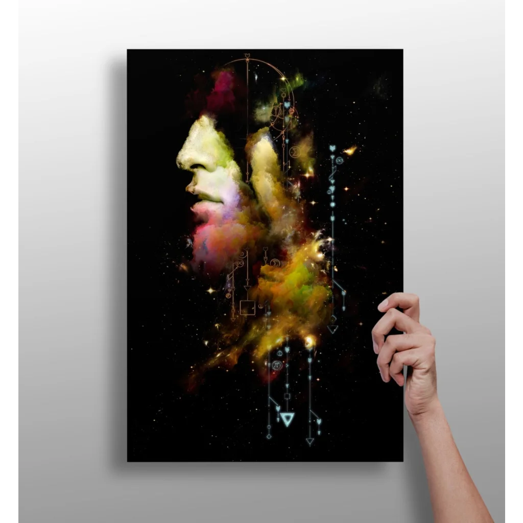 Vibrant abstract face portrait aluminum wall art with cosmic geometric shapes