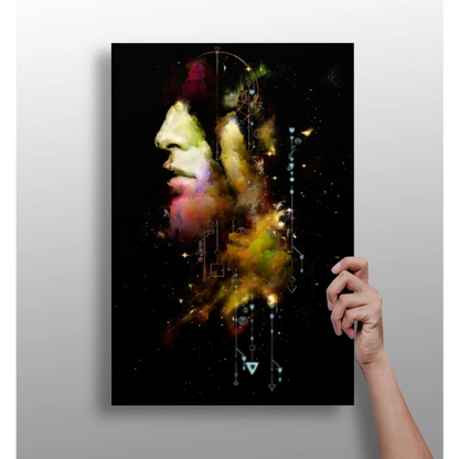 Vibrant abstract face portrait aluminum wall art with cosmic geometric shapes