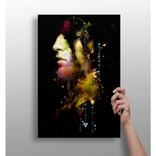 Vibrant abstract face portrait aluminum wall art with cosmic geometric shapes