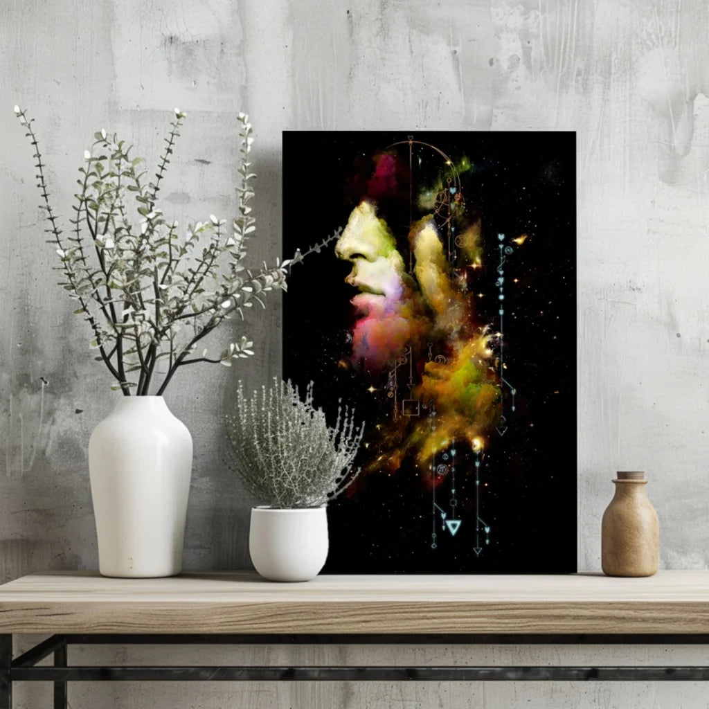 Vibrant abstract face portrait aluminum wall art in colorful hues