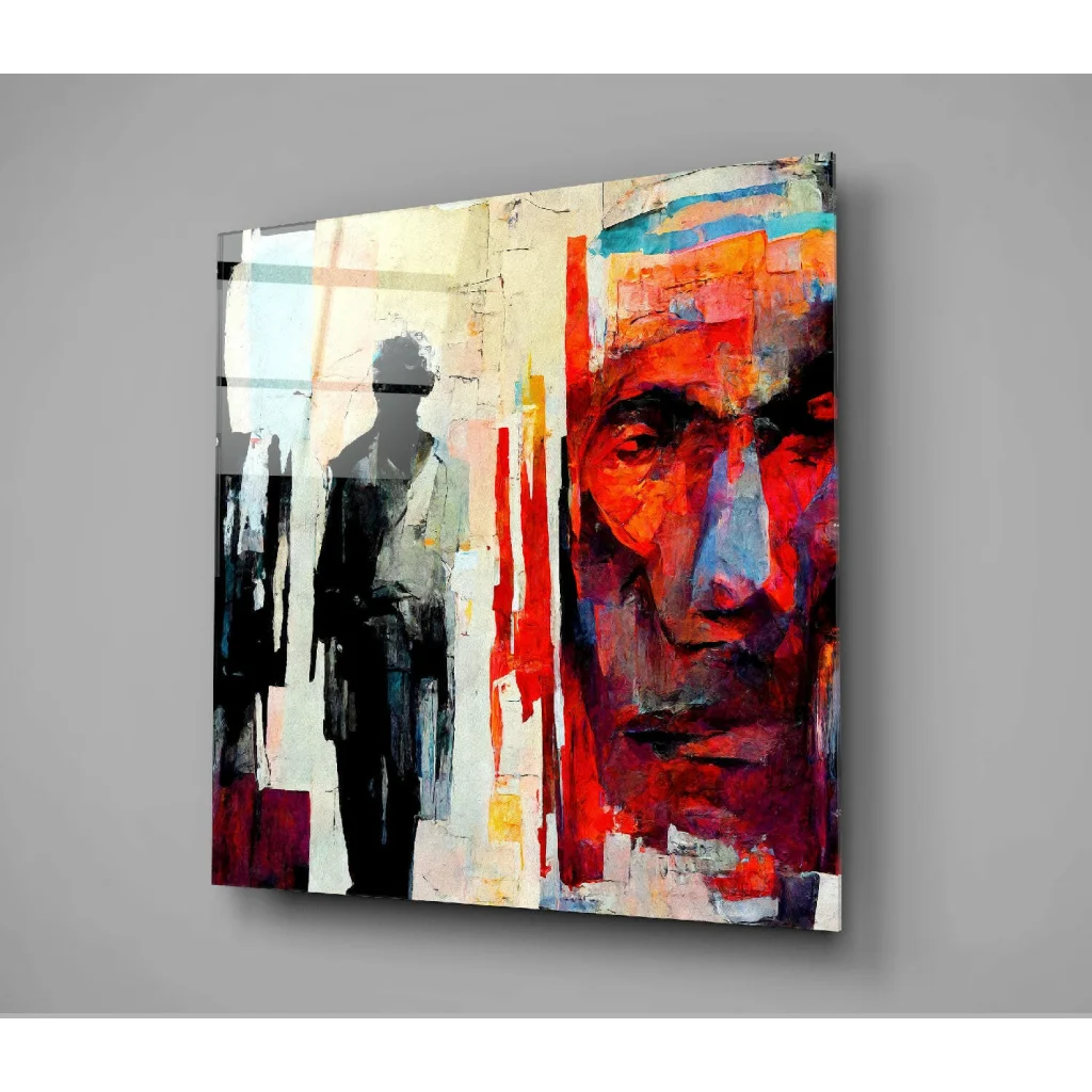 Vibrant abstract face wall art in bold fiery reds and oranges