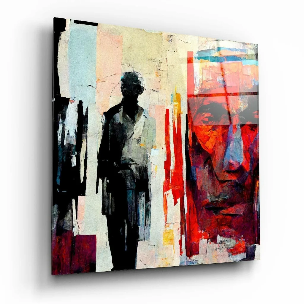 Vibrant abstract face wall art with bold fiery colors in reds and yellows