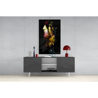 Modern gray white sideboard with sleek legs under vibrant cosmic wall art