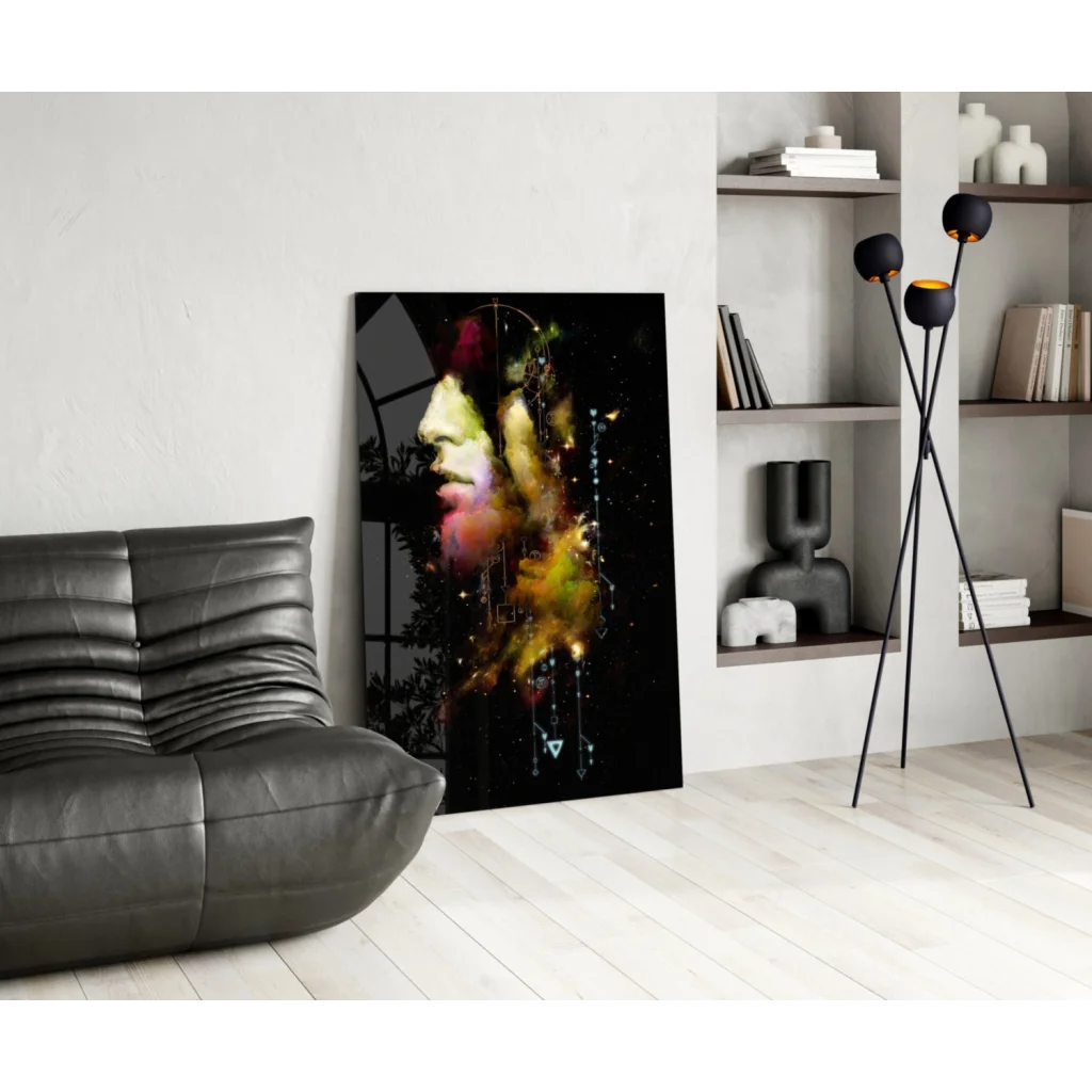 Vibrant abstract face wall art print with bold cosmic colors on white wall