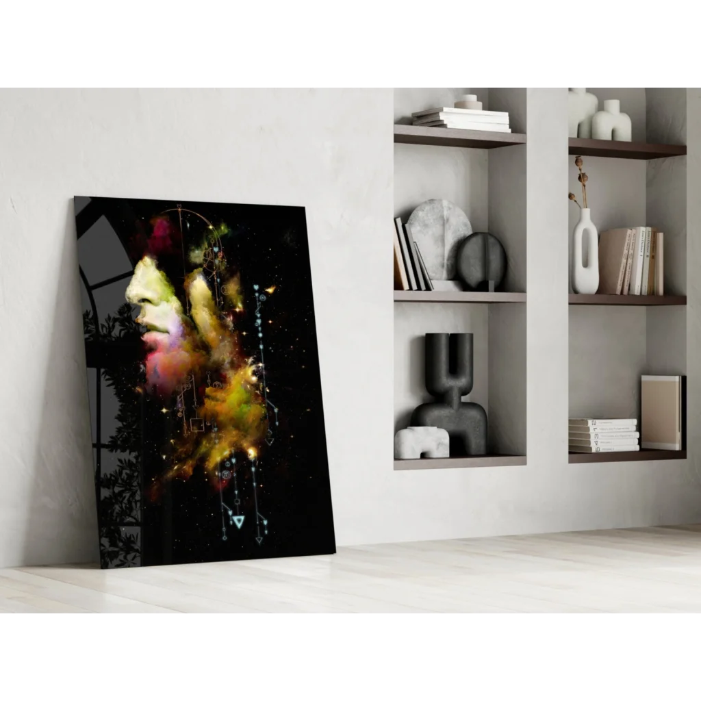 Vibrant abstract face wall art print with bold cosmic colors and geometric shapes