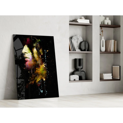 Vibrant abstract face wall art print with bold cosmic colors and geometric shapes