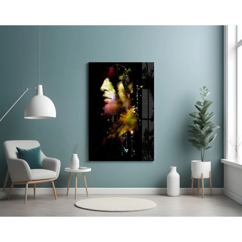 Vibrant abstract face wall art print with bold cosmic yellow and red on black