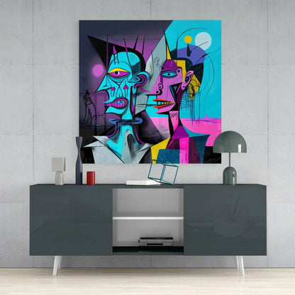 Vibrant abstract faces glass wall art in bold teal, magenta, yellow