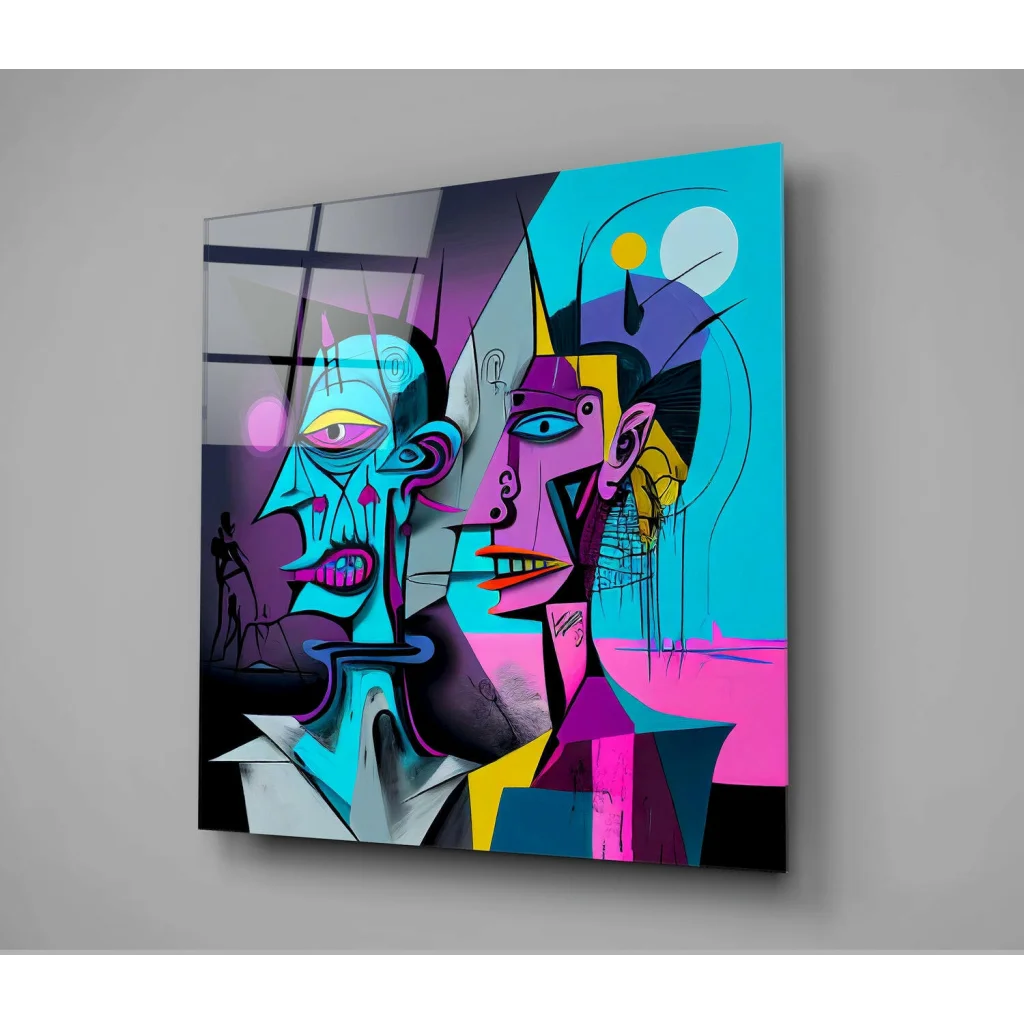 Vibrant abstract faces glass wall art in bold teal, pink geometric hues