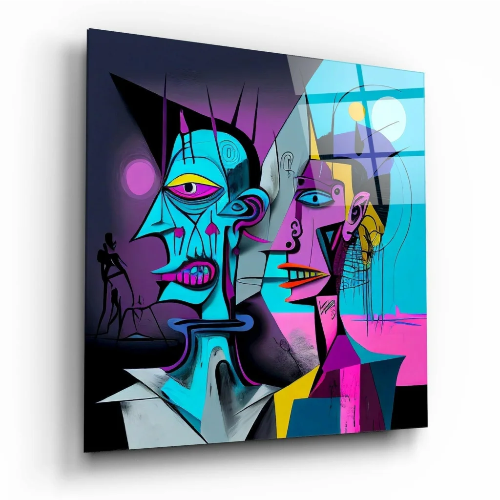 Vibrant abstract faces glass wall art in teal, magenta, yellow geometric hues