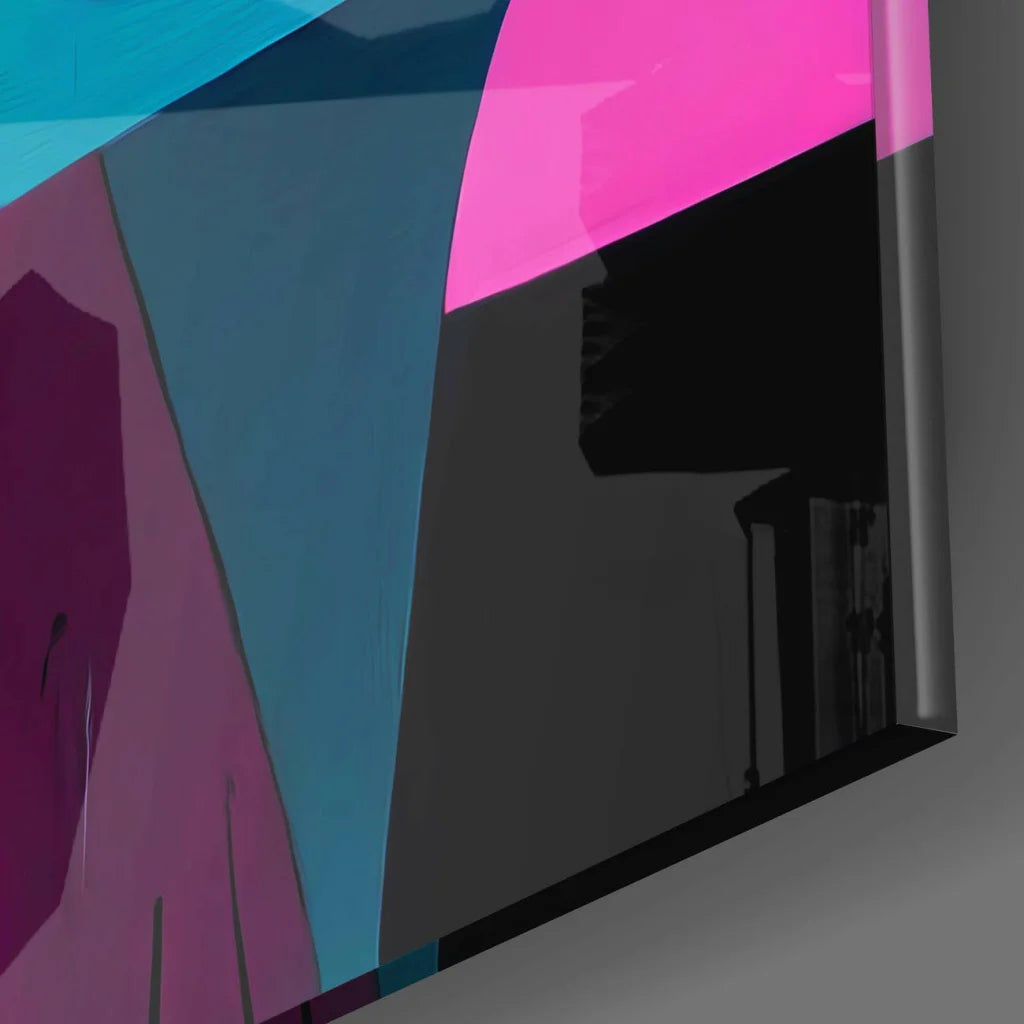 Vibrant abstract faces glass wall art with bold pink, teal, magenta shapes