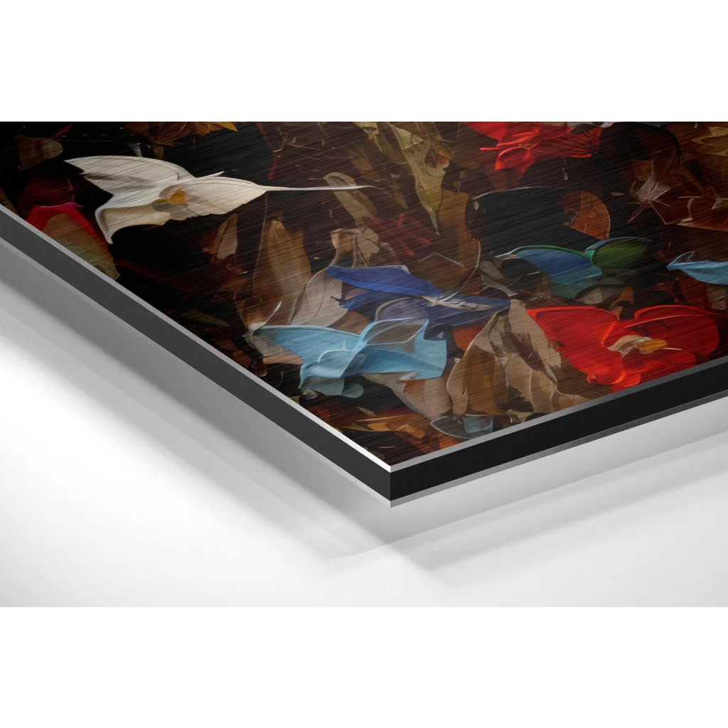 Vibrant abstract floral art on brushed aluminium dibond, acrylic reds blues whites