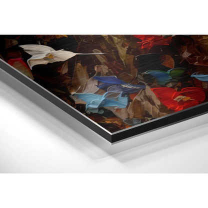 Vibrant abstract floral art on brushed aluminium dibond, acrylic reds blues whites
