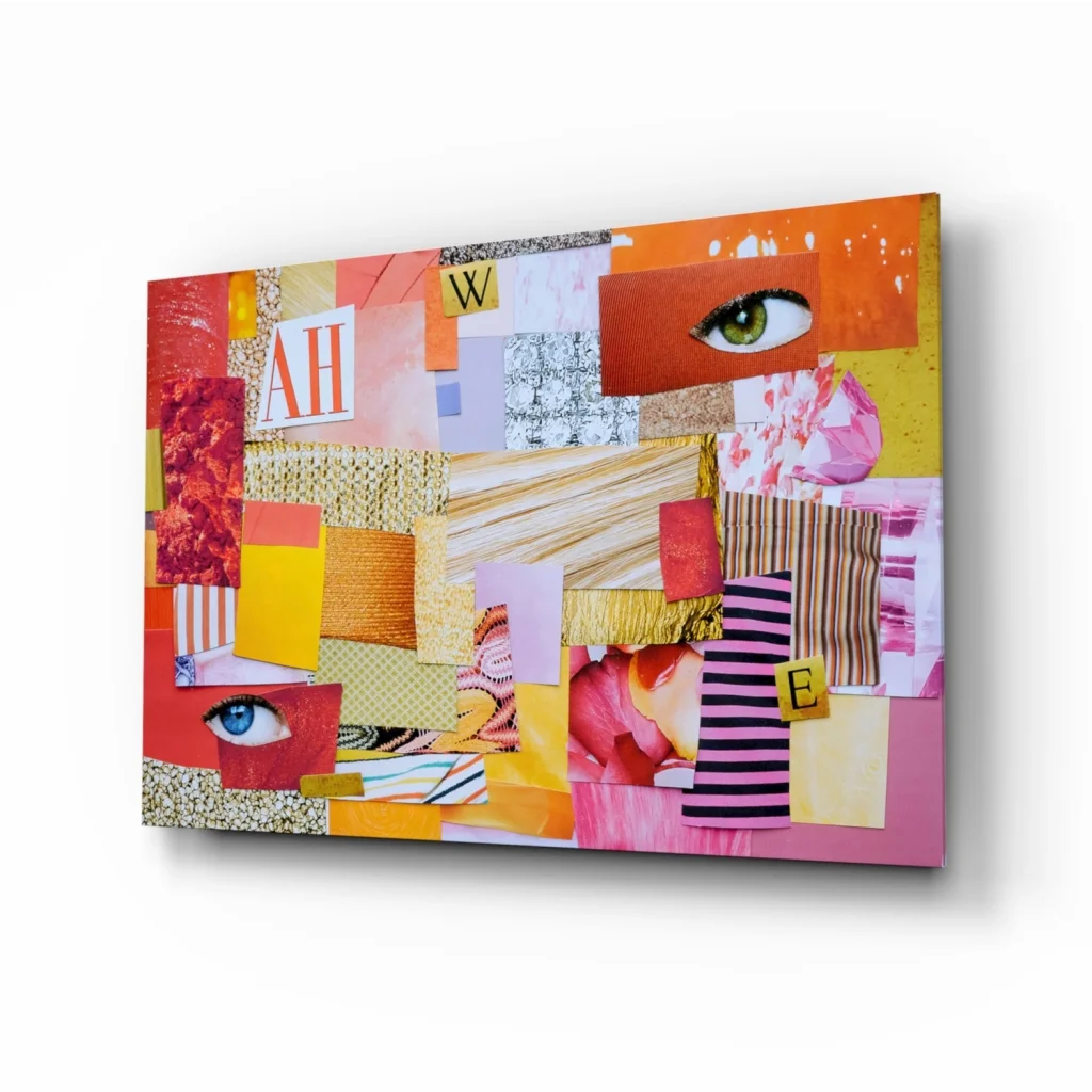 Vibrant abstract geometric wall art canvas explosion with colorful collage textures, shapes, and eyes