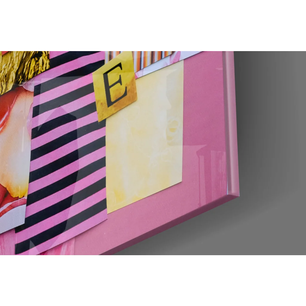 Pink black striped tote with gold e patch in vibrant geometric wall art style