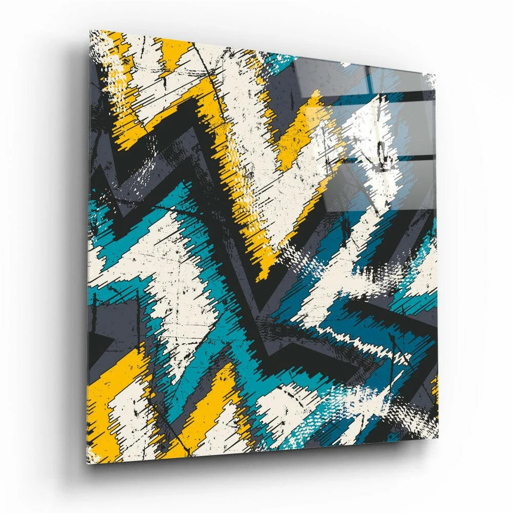 Vibrant abstract glass wall art with bold yellow teal black zigzag graffiti streaks