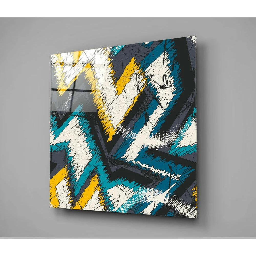 Vibrant graffiti-style glass wall art with teal, yellow streaks
