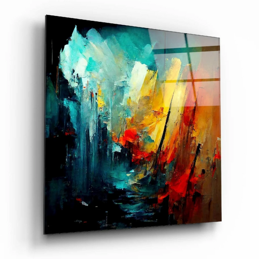 Vibrant abstract glass wall art with bold teal and yellow strokes