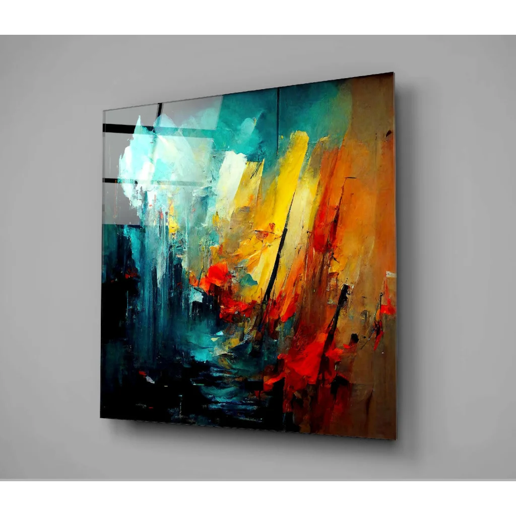 Vibrant abstract glass wall art with teal, yellow, and red strokes on black