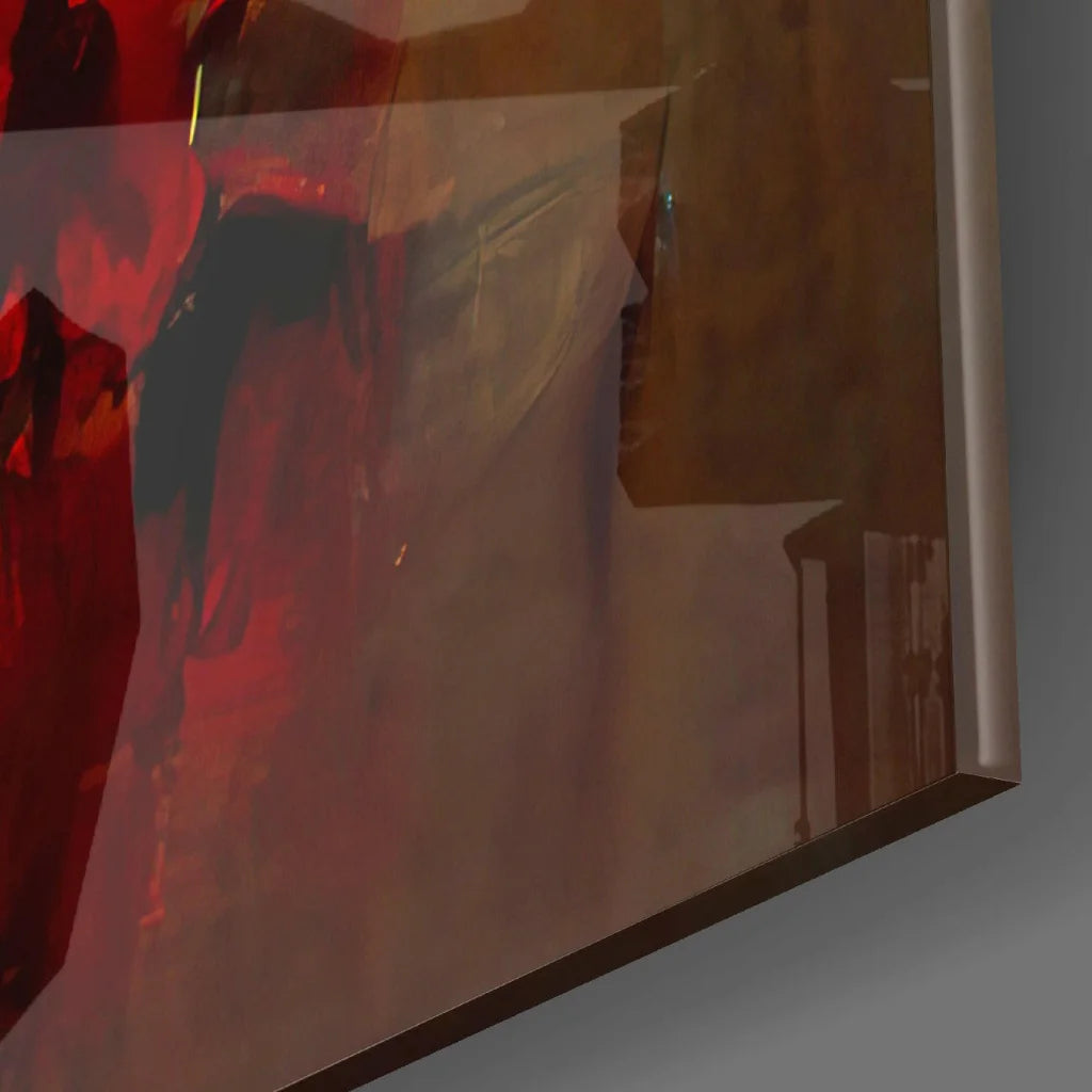 Vibrant abstract glass wall art with bold teal yellow strokes