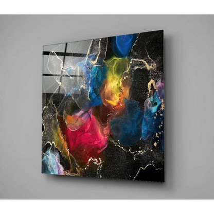 Vibrant abstract glass wall art with explosive color burst on black background