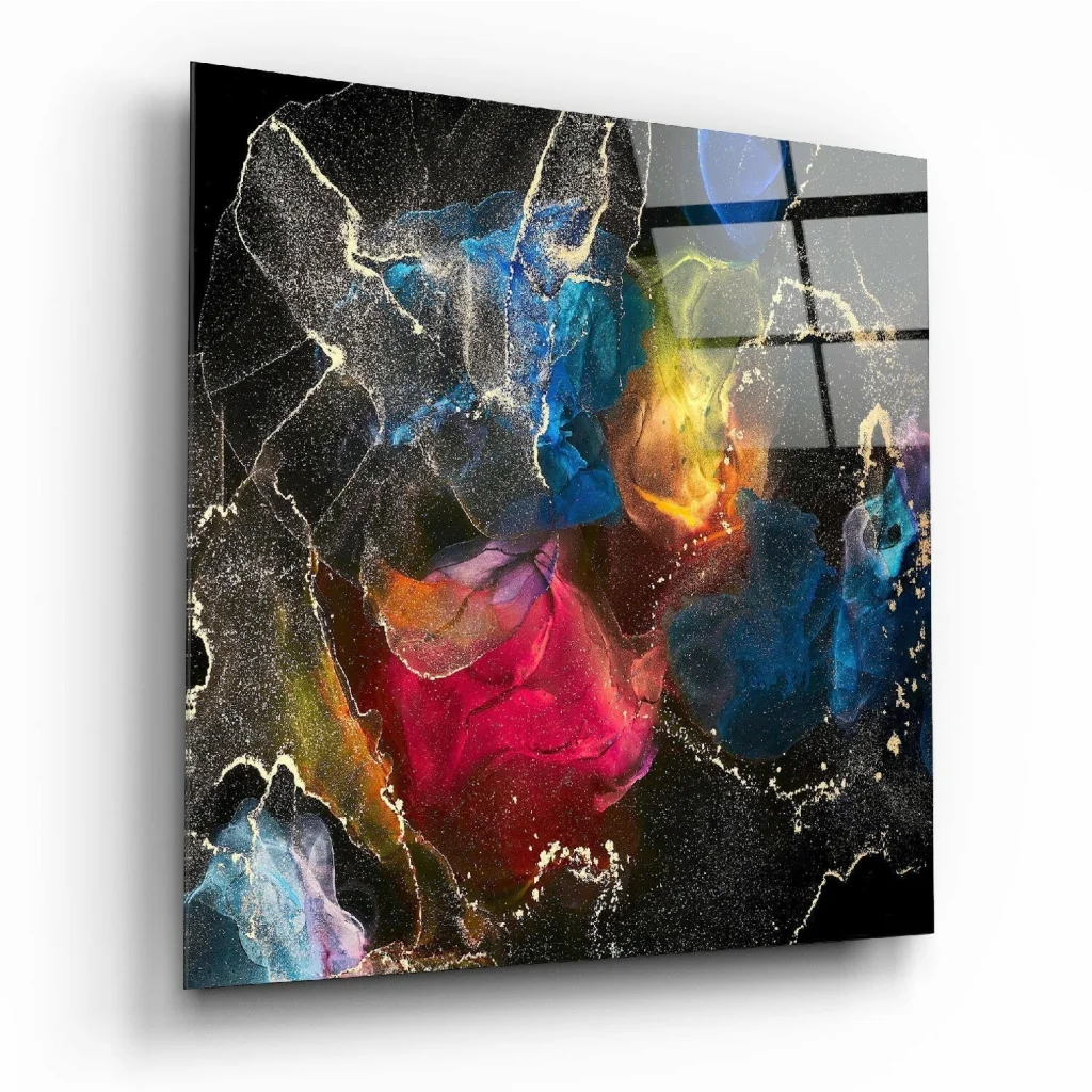 Vibrant abstract glass wall art with colorful marble texture burst