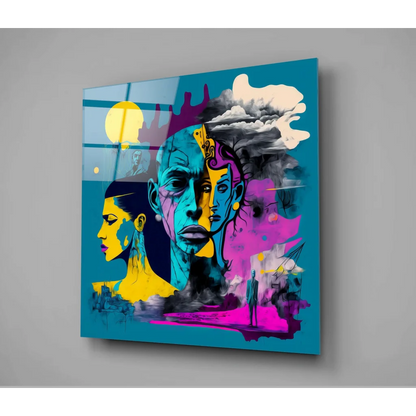 Vibrant teal and purple abstract glass wall art portrait