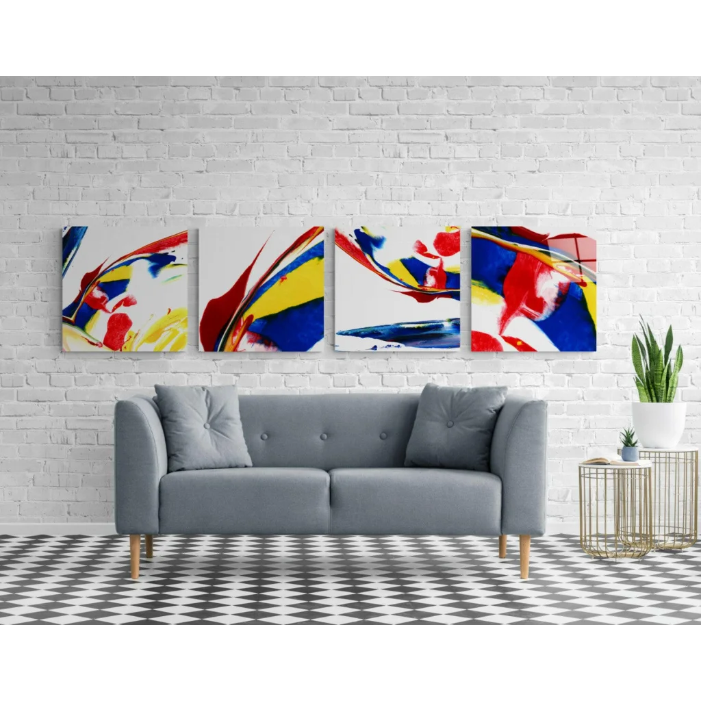 Vibrant 3-piece glass wall art set in bold red, yellow, blue, white on black