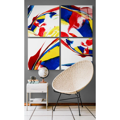 Vibrant 4-panel glass wall art set with colorful swirls on black
