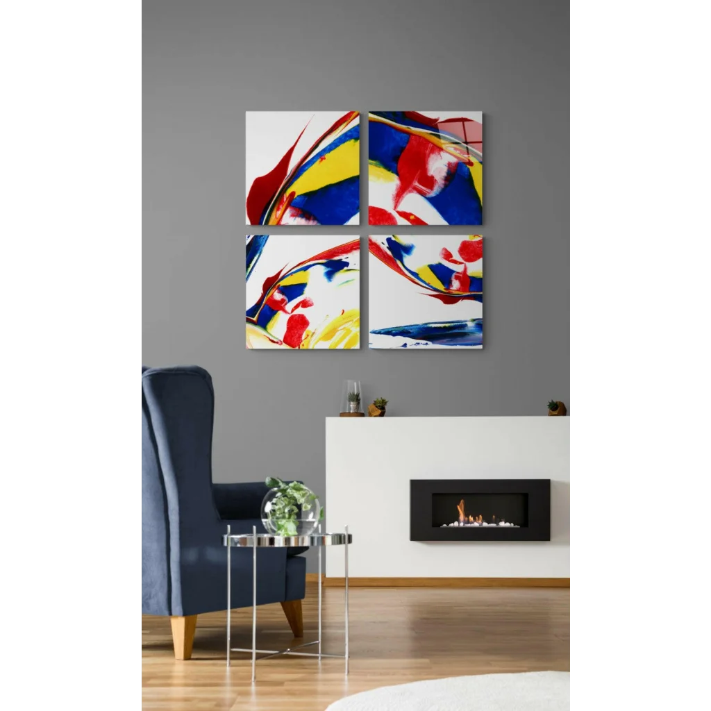 Vibrant 4-panel glass wall art set with bold red, yellow, blue swirls