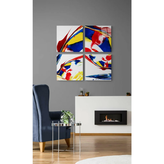 Vibrant 4-panel glass wall art set with bold red, yellow, blue swirls