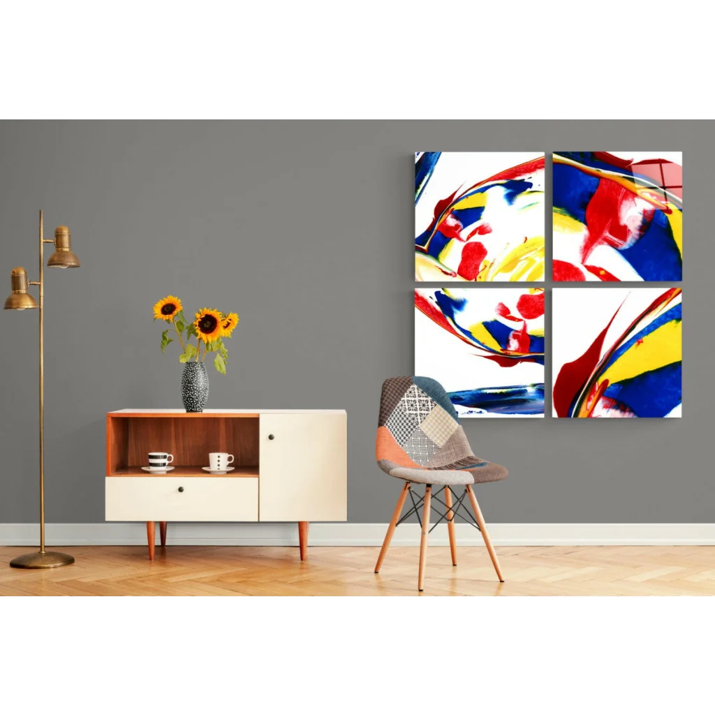 Vibrant abstract glass wall art with bold red, yellow, blue strokes on black