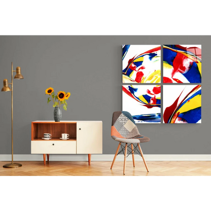 Vibrant abstract glass wall art with bold red, yellow, blue strokes on black