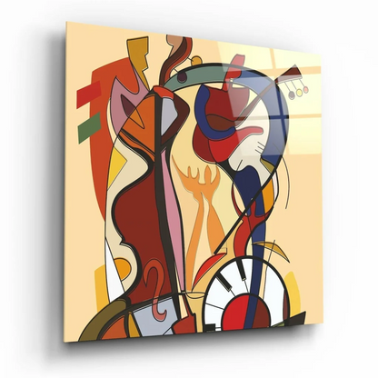 Vibrant abstract guitar wall art canvas in bold reds, blues, greens, yellows