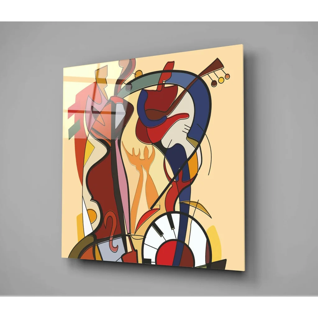 Vibrant abstract guitar wall art canvas in bold red, blue, yellow hues on beige