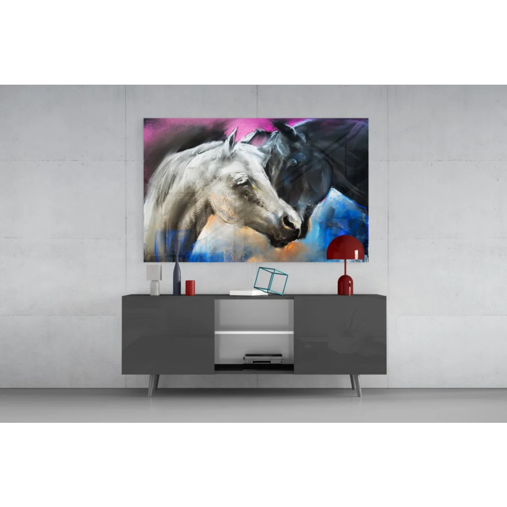 Vibrant abstract black and white horse glass wall art in motion