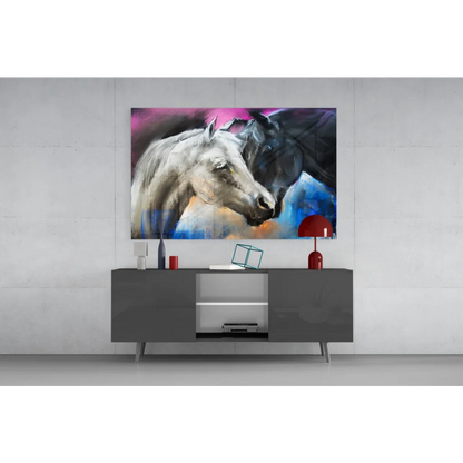 Vibrant abstract black and white horse glass wall art in motion