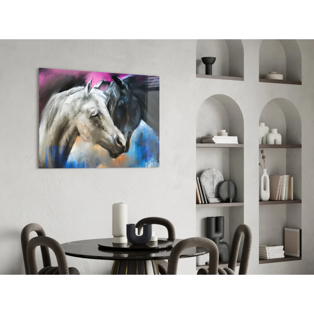 Vibrant abstract horse glass wall art in pink and blue hues