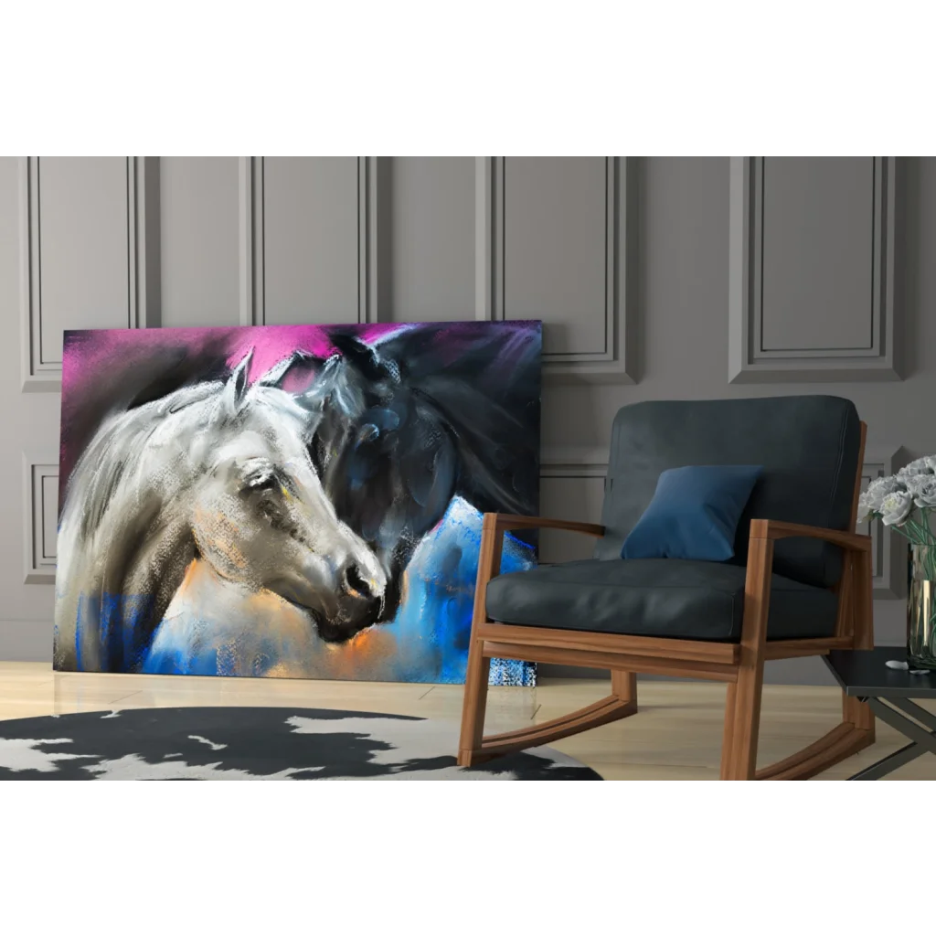 Vibrant abstract horse glass wall art in motion with textured colors