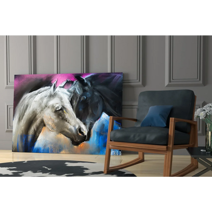 Vibrant abstract horse glass wall art in motion with textured colors